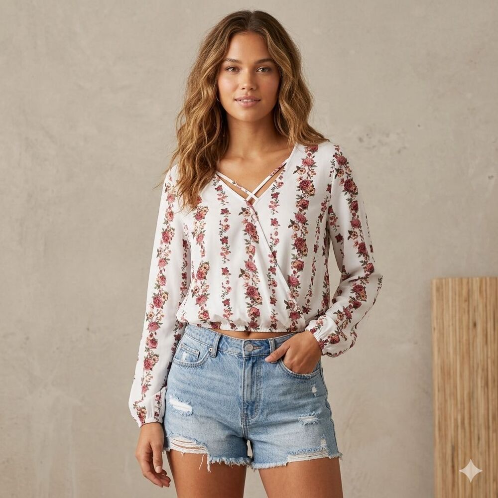 Romantic Floral Top S Long Sleeve V Neck Faux Wrap Blouse Rose Boho Rue21